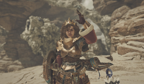 An image of a character in Monster Hunter World. She is holding up her hand and nodding.