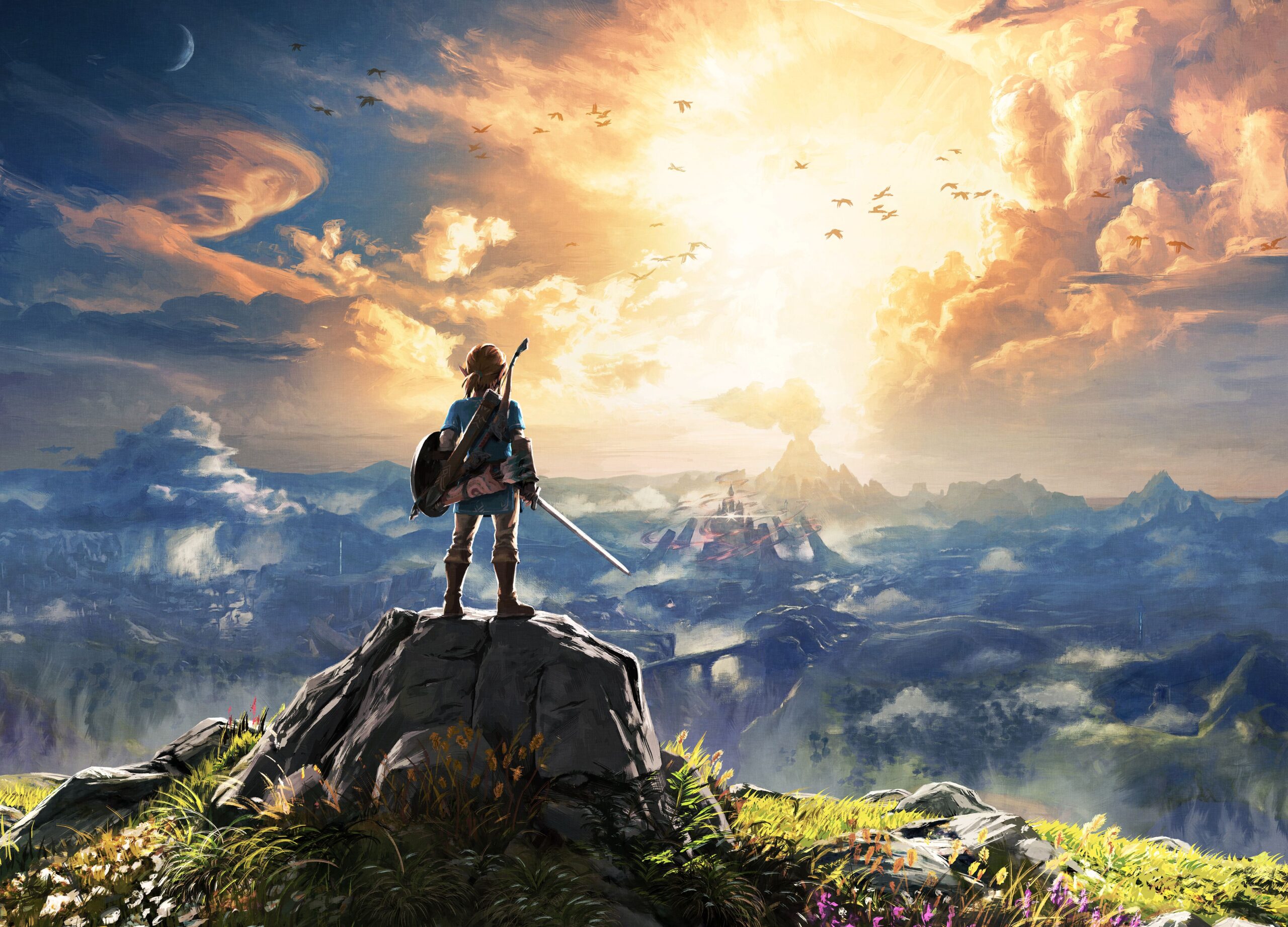 Link stands on a rock and surveys the sunrise over Hyrule in Zelda: Breath of the Wild