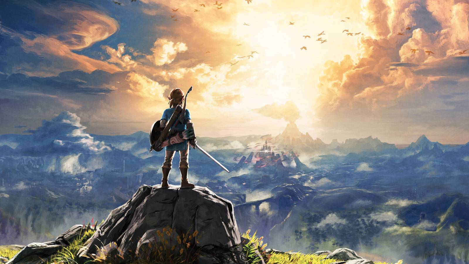 Link stands on a rock and surveys the sunrise over Hyrule in Zelda: Breath of the Wild