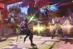 Kiriko, Genji, Junker Queen, and Mercy, all wearing their respective mythic skins, battle each other on the new Clash map Hanaoka in Overwatch 2