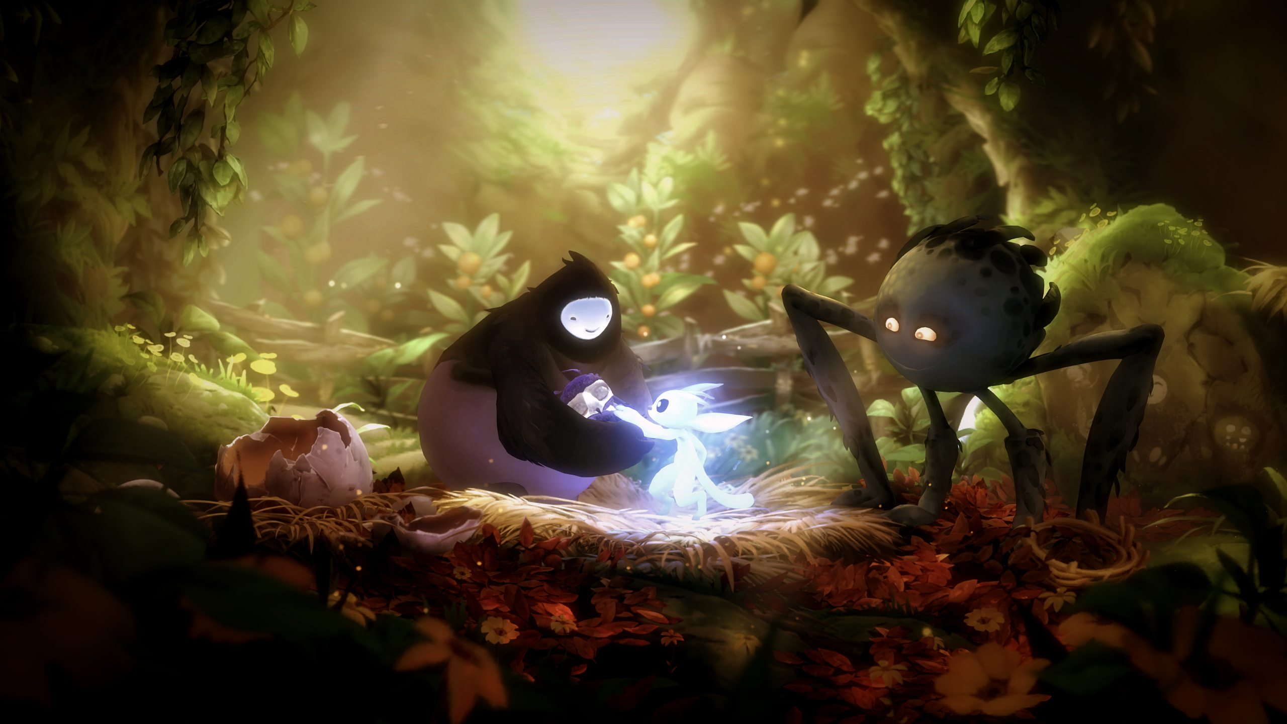 A glowing creature comforts a baby being held by another fantastical woodland creature