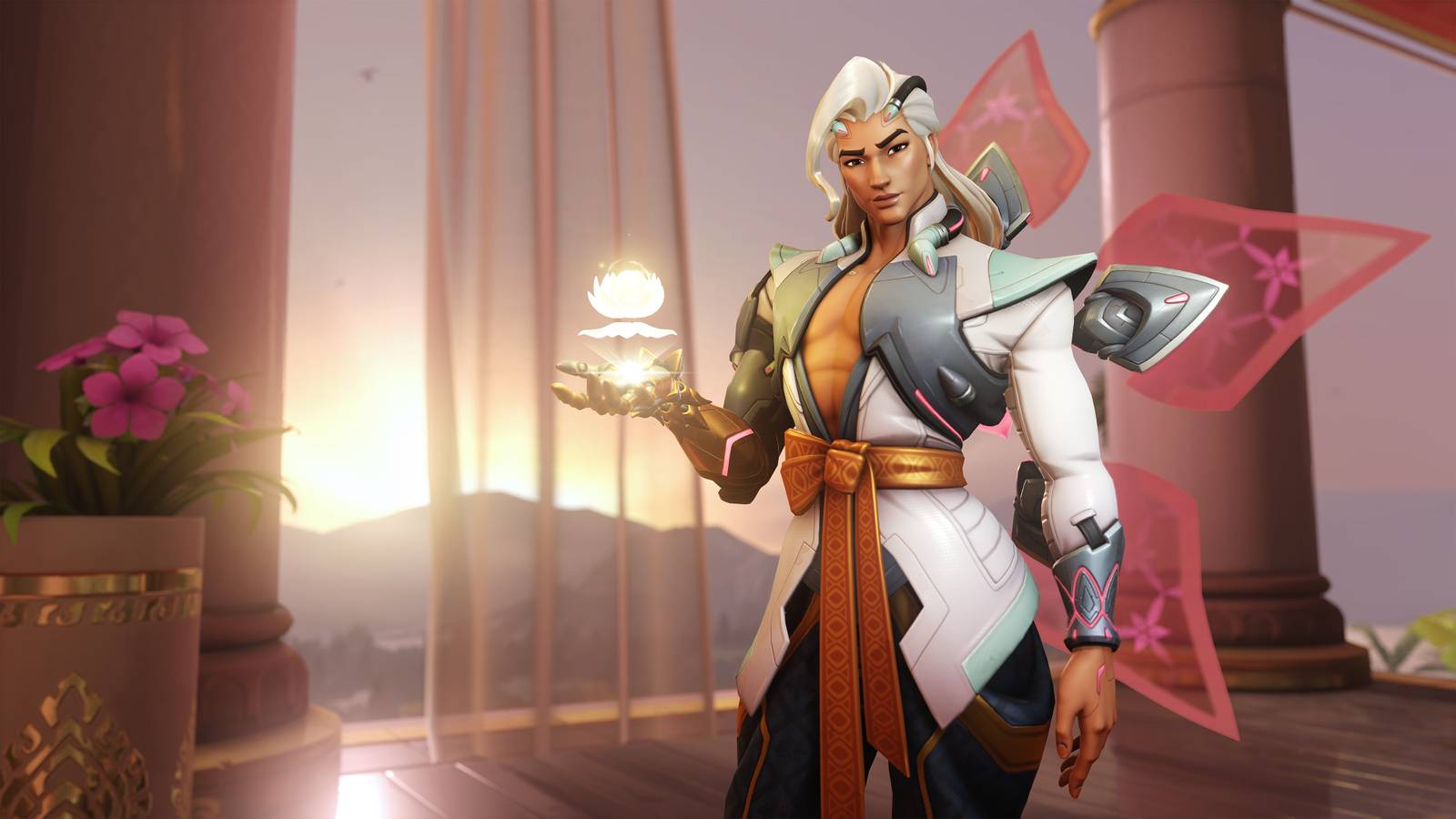 Overwatch 2 hero Lifeweaver poses holding a glowing “biolight” flower in his right hand, looking at the camera