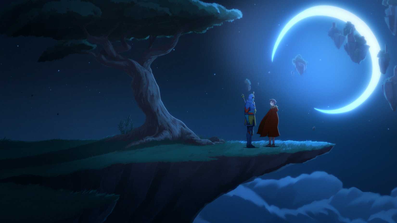 A figure dressed like a samurai talks to a person in a red cloak on a hilltop, next to a tree and the moon, in AMC’s Pantheon.