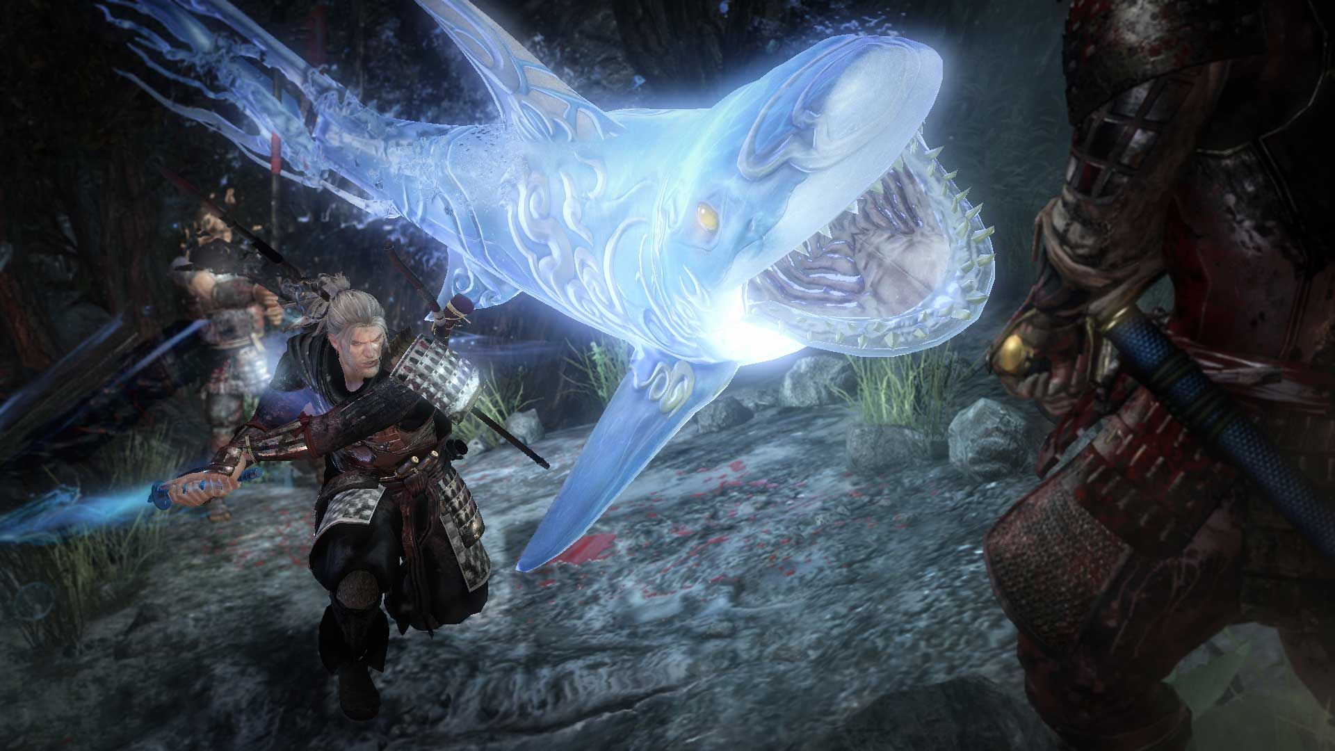 William throws a ghost shark at an enemy in a screenshot from Nioh