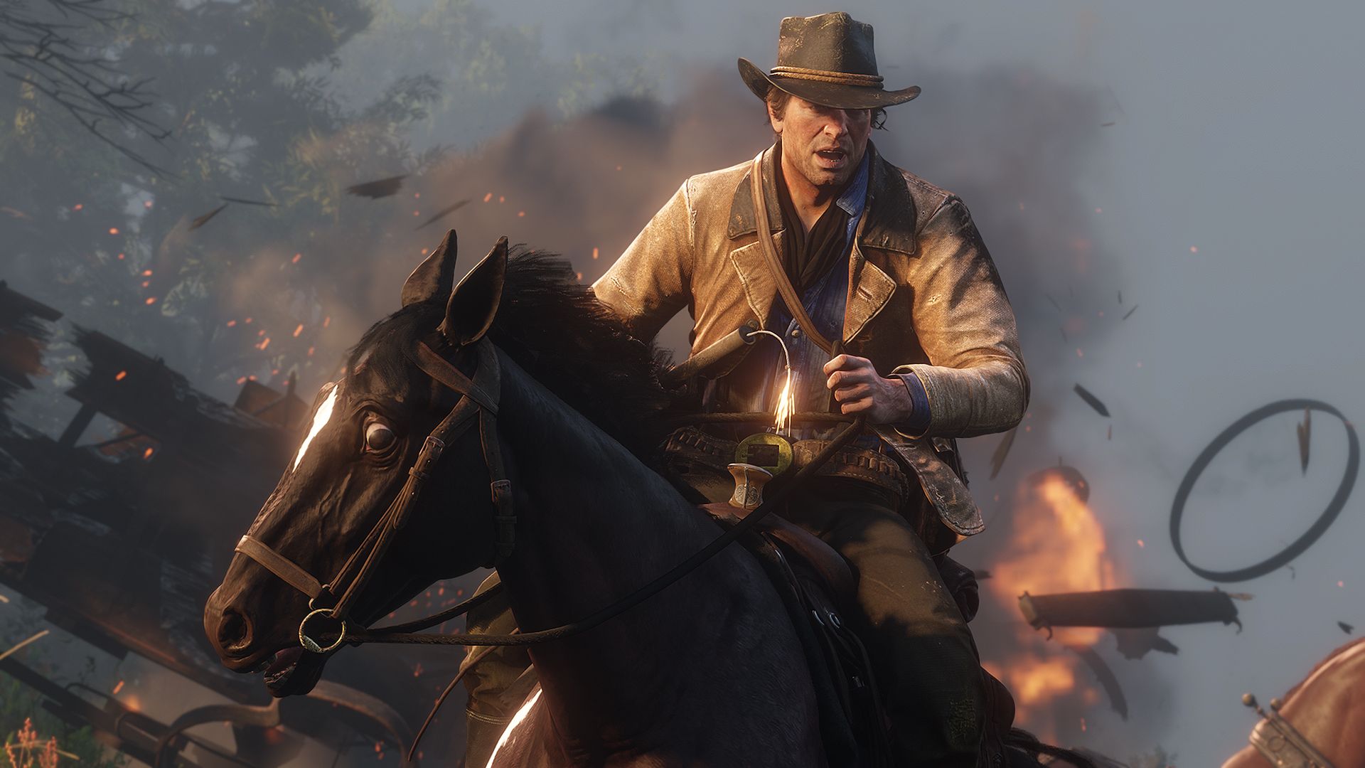 Red Dead Redemption 2 - Arthur rides on horseback in front of an explosion