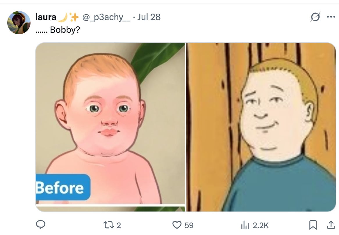 Image from Twitter featuring a side-by-side comparison of a baby from Paralives and Bobby Hill