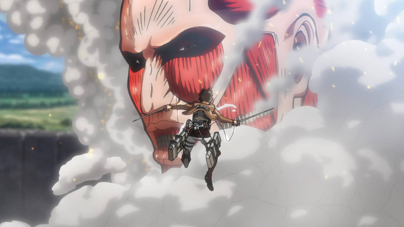 Eren Yeager, the protagonist of Attack on Titan, suspended mid-air in front of the muscular “Colossal Titan” from Attack on Titan.