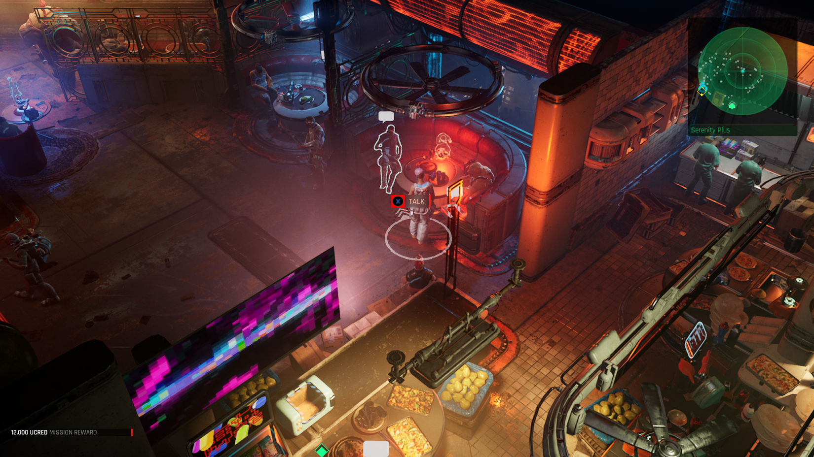 A cyberpunk bar scene in The Ascent