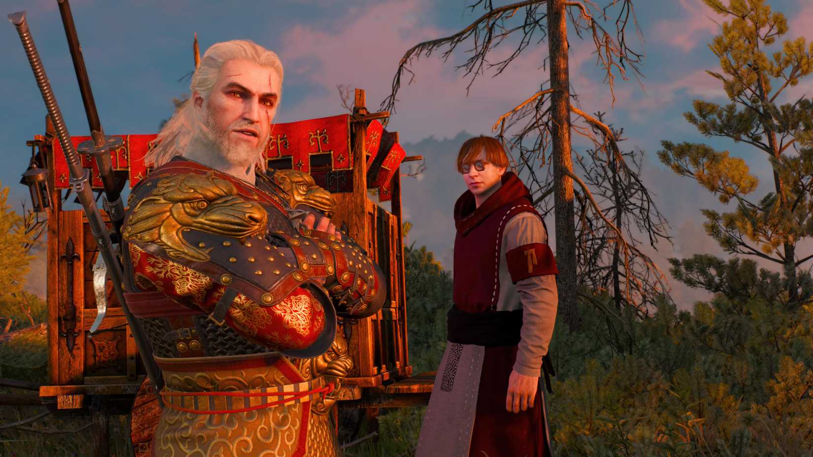 Geralt of Rivia, arms folded, stands next to a merchant in The Witcher 3: Wild Hunt on PS5