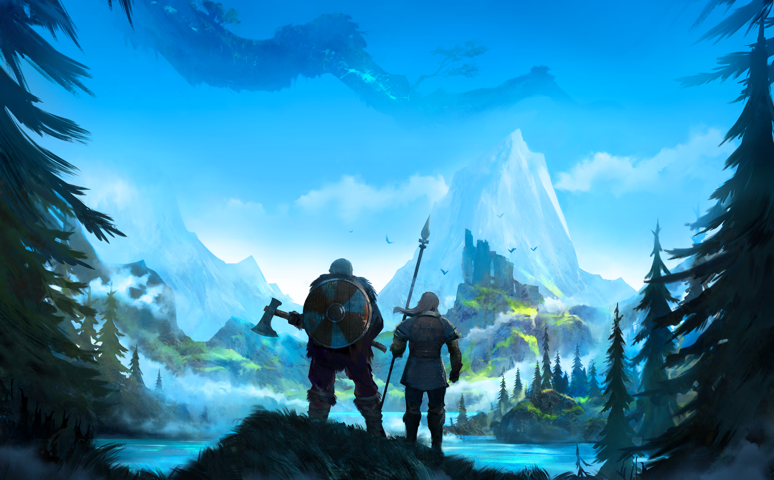 Valheim - two Vikings stand on a hill, looking out at a vast and wild landscape. A branch from the tree of life reached out above the horizon.