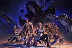 Key art for the upcoming World of Warcraft expansion The War Within, showing the malevolent goddess Xal’atath in the body of a dead elf, grinning over our heroes: Alleria Windrunner, Jaina Proudmoore, Thrall, and Anduin Wrynn
