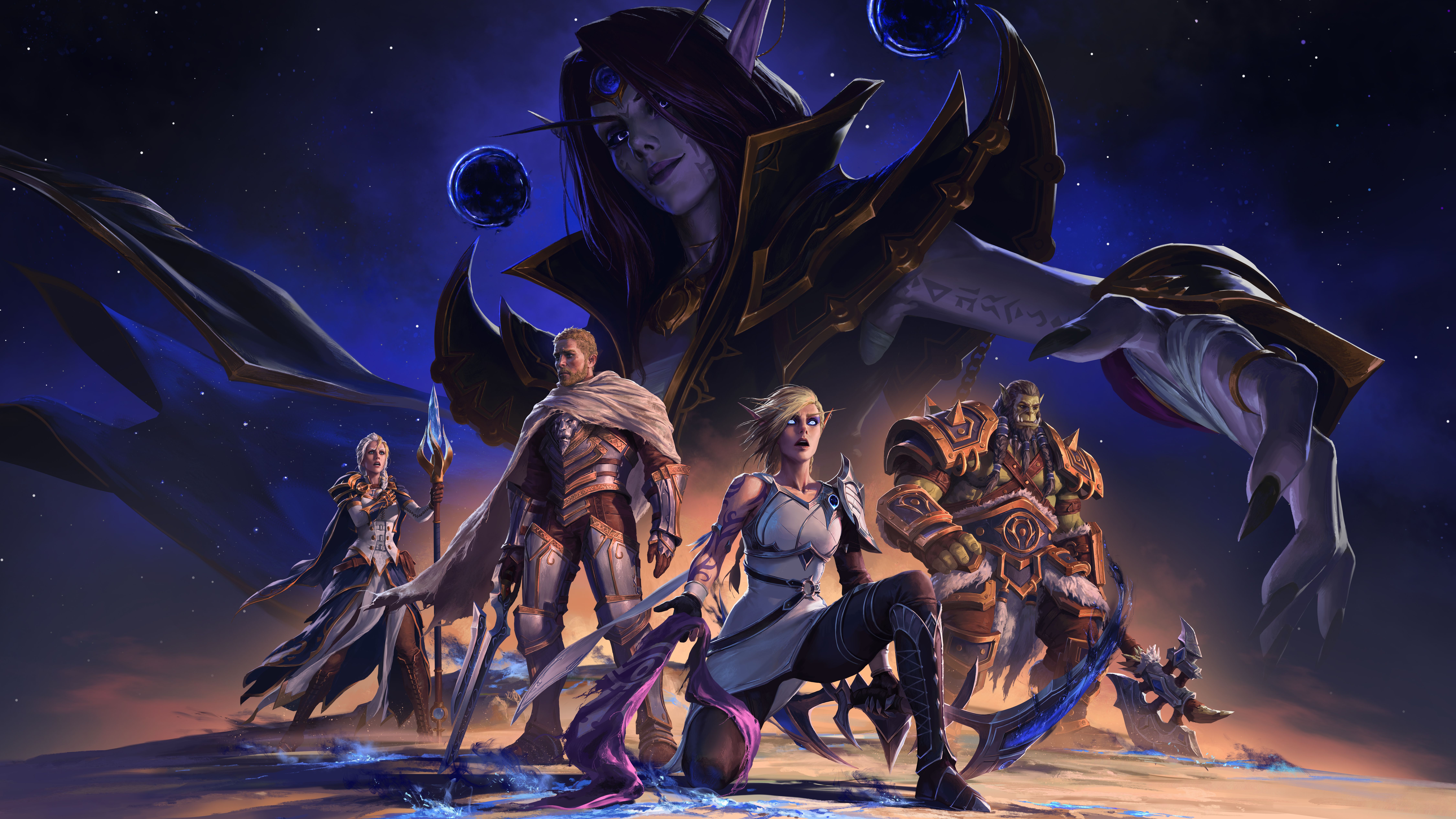 Key art for the upcoming World of Warcraft expansion The War Within, showing the malevolent goddess Xal’atath in the body of a dead elf, grinning over our heroes: Alleria Windrunner, Jaina Proudmoore, Thrall, and Anduin Wrynn