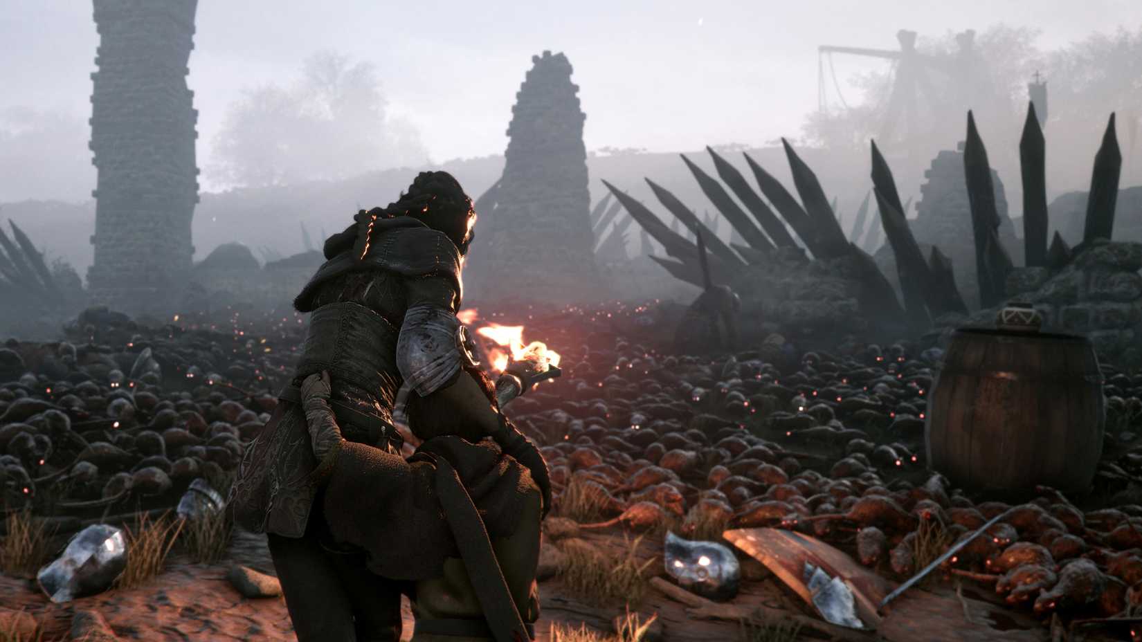 A character is surrounded by rats in A Plague Tale: Innocence.
