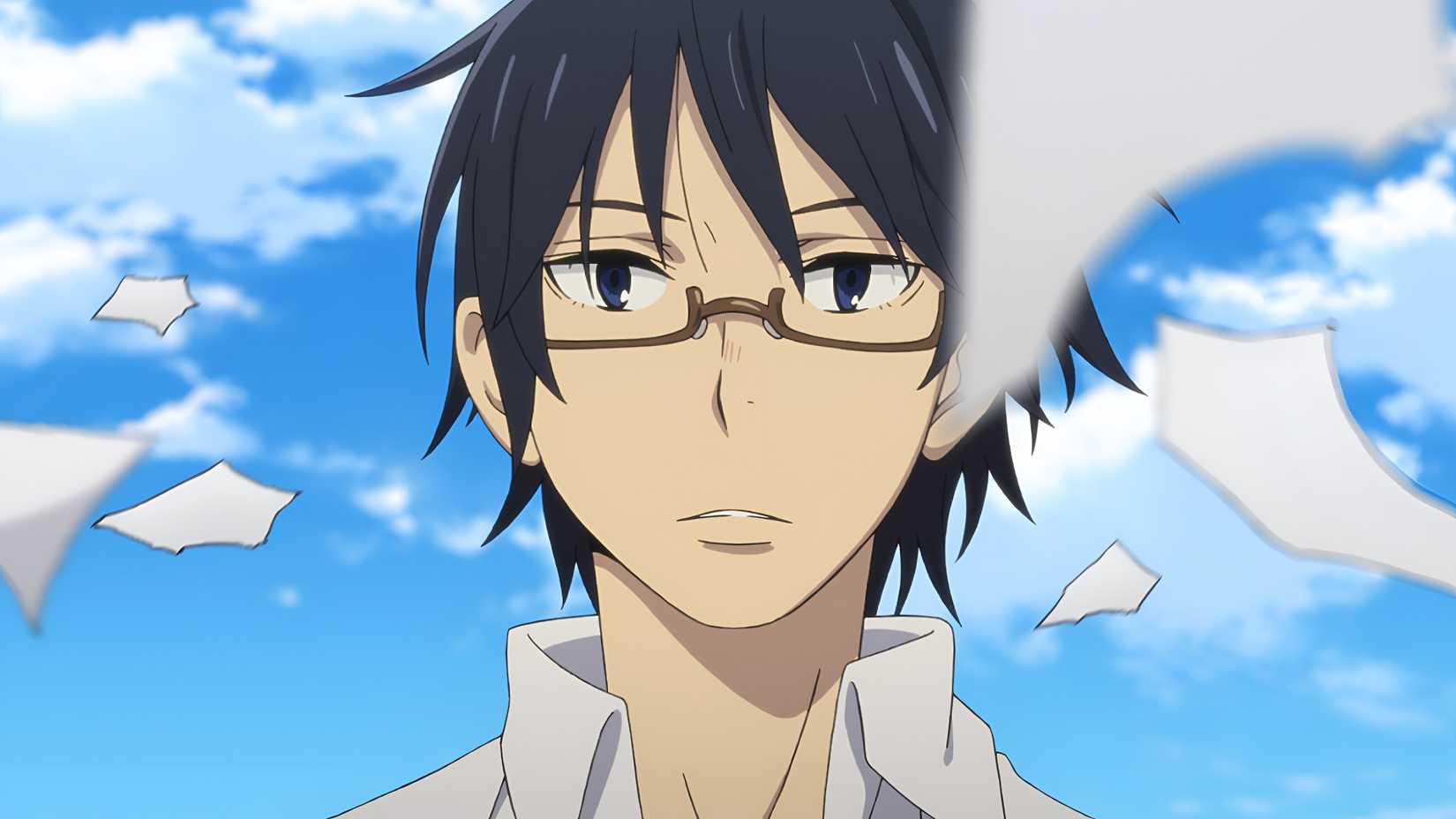 A bespectacled young boy looks ahead as blank white papers fly around him in Erased