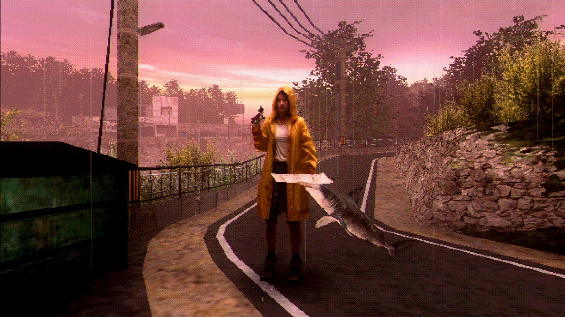 The player character in About Fishing holding a fish and standing in the road.