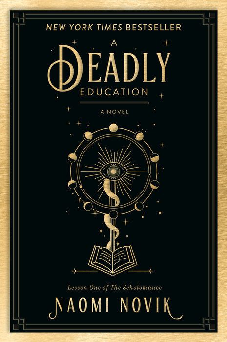 Cover image for Naomi Novik’s A Deadly Education, featuring a seeing eye appearing out of an open book on a black and gold cover
