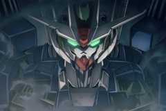 A closeup on the head of the giant Gundam Aeriel, from Mobile Suit Gundam: The Witch from Mercury