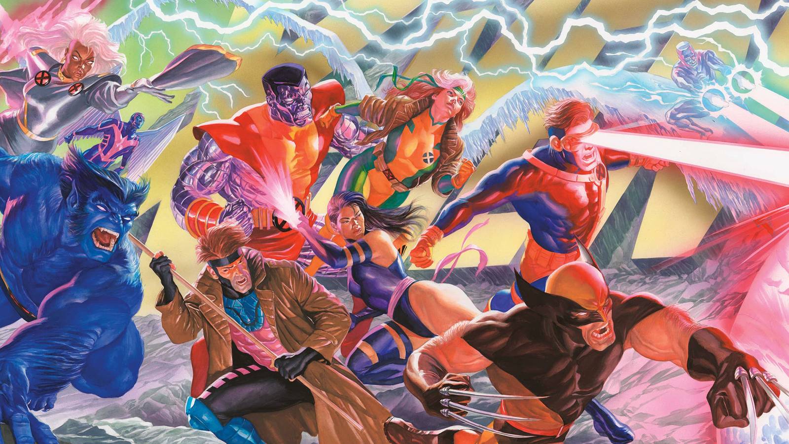 Wolverine, Cyclops, Psylocke, Gambit, Beast, Rogue, Storm and Colossus charge toward Magneto in artwork by Alex Ross interpreting Jim Lee’s 1991 X-Men #1 cover