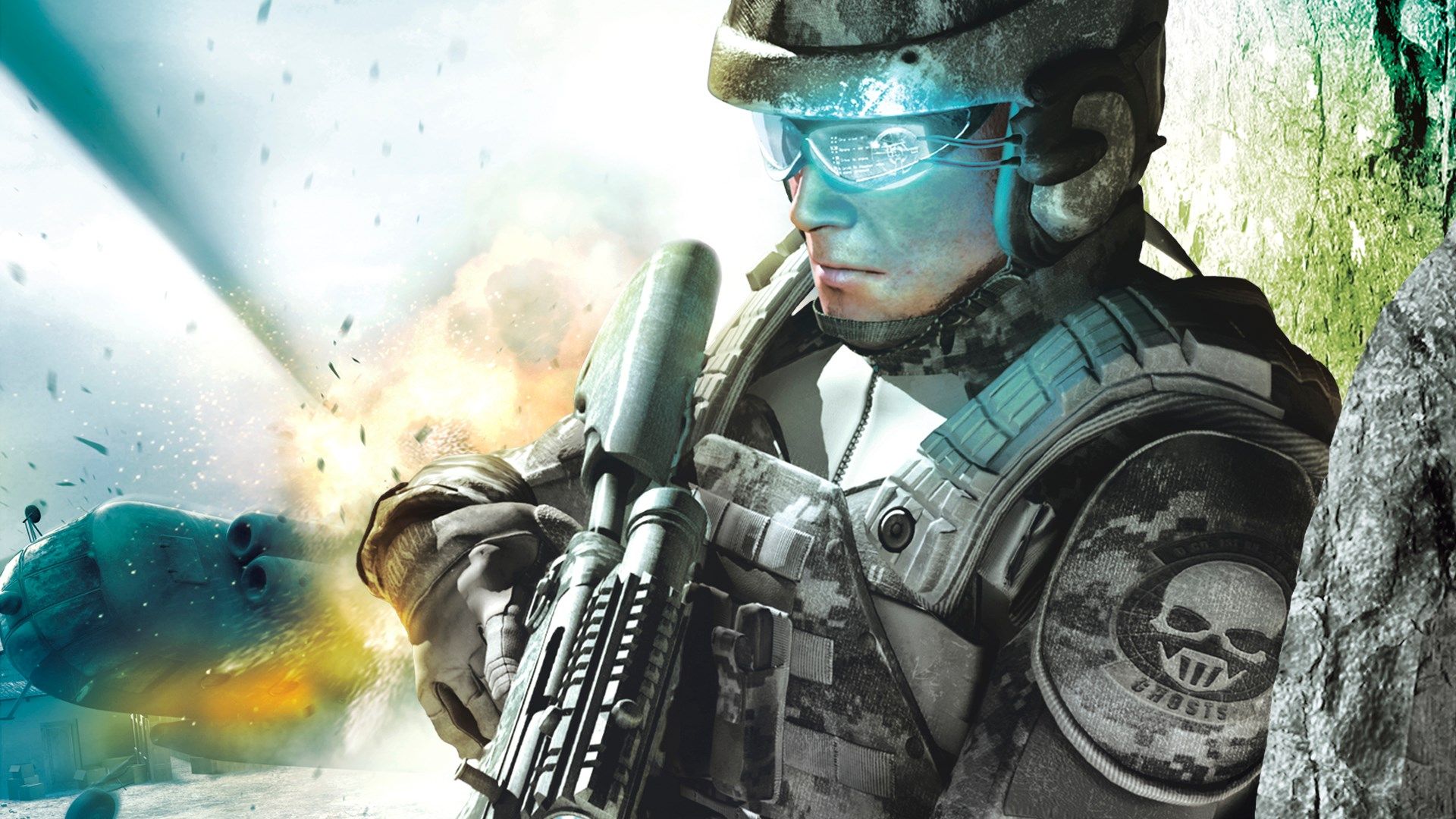 A soldier leans for cover as an exploding helicopter crashes behind him