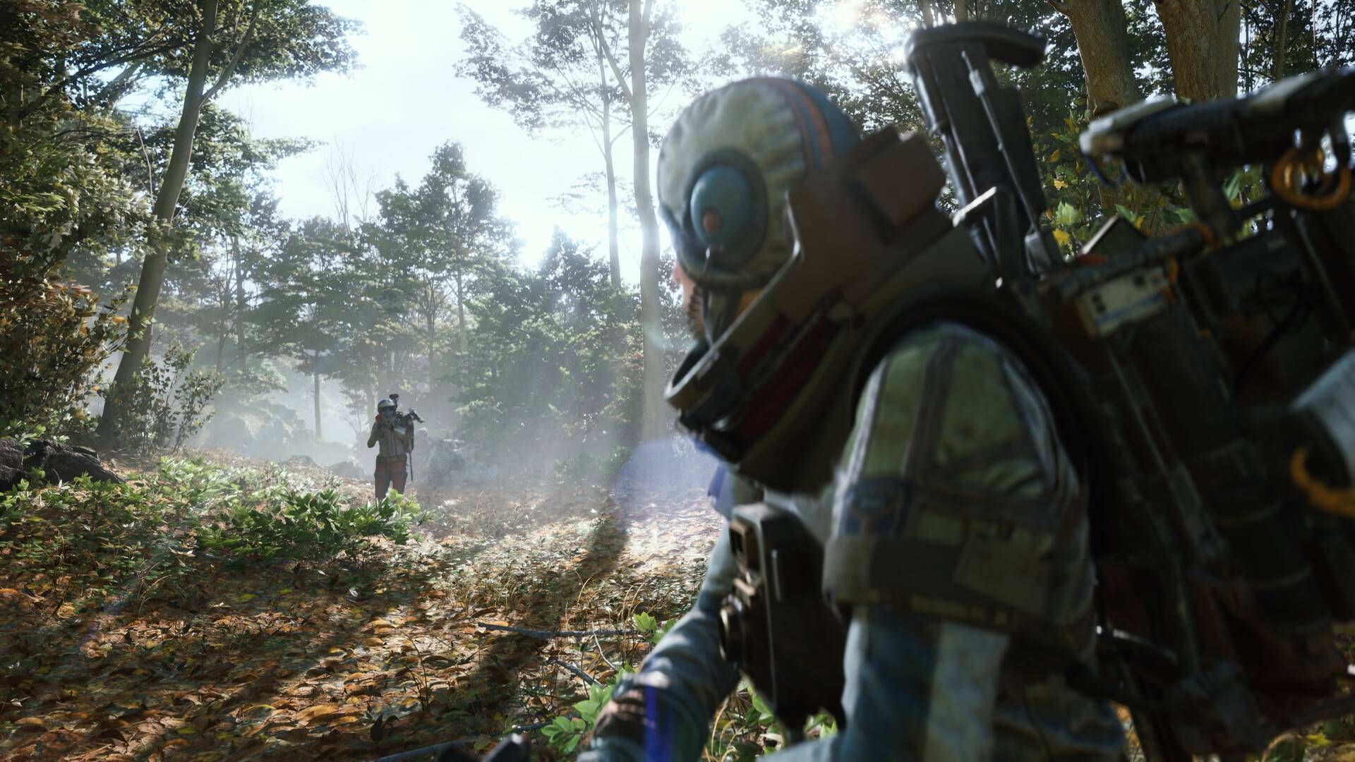 A raider aiming at another in a forest in Arc Raiders.
