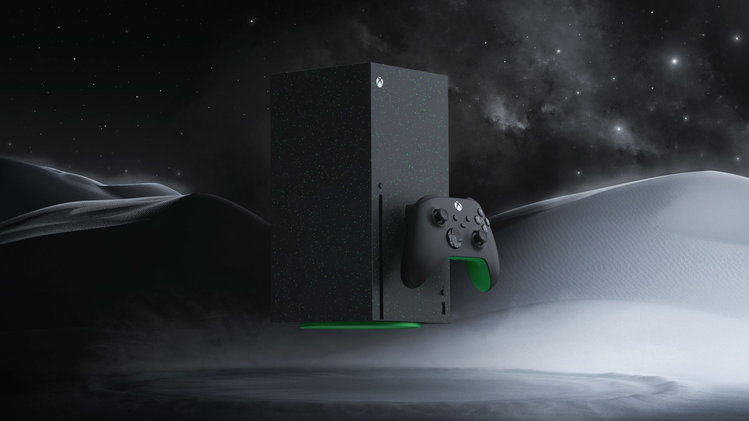 A black Xbox Series X with green accents