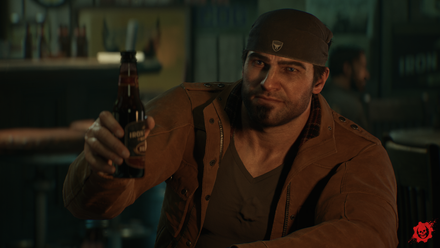 Marcus Fenix raises a beer in his hand