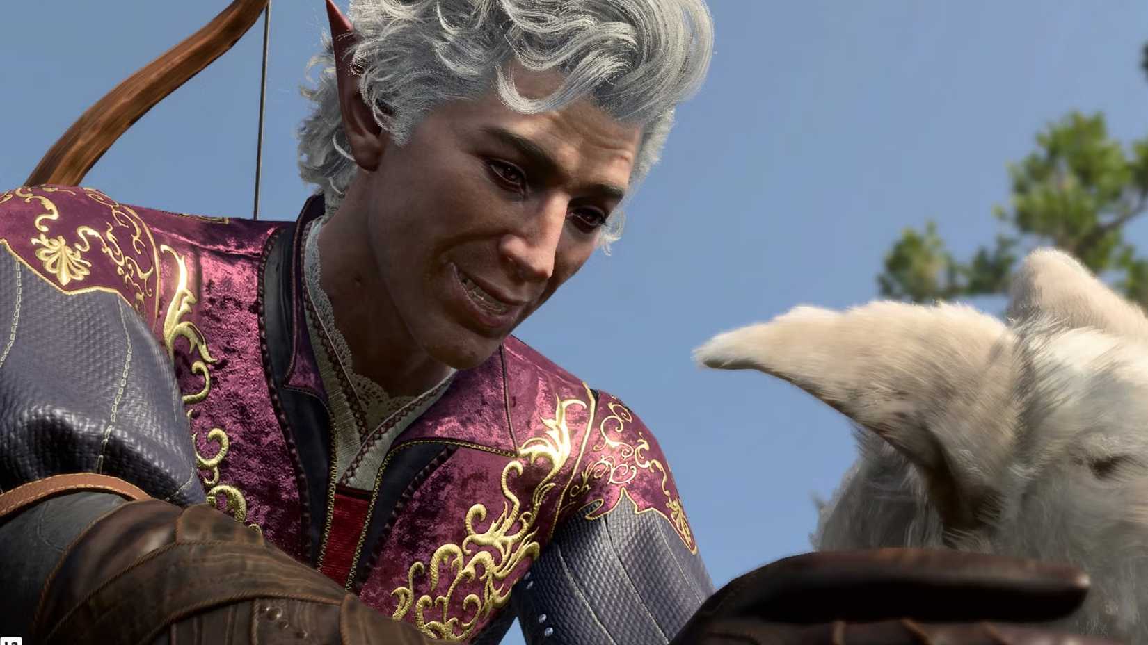 Astarion, a vampire rogue, pets a white dog named Scratch