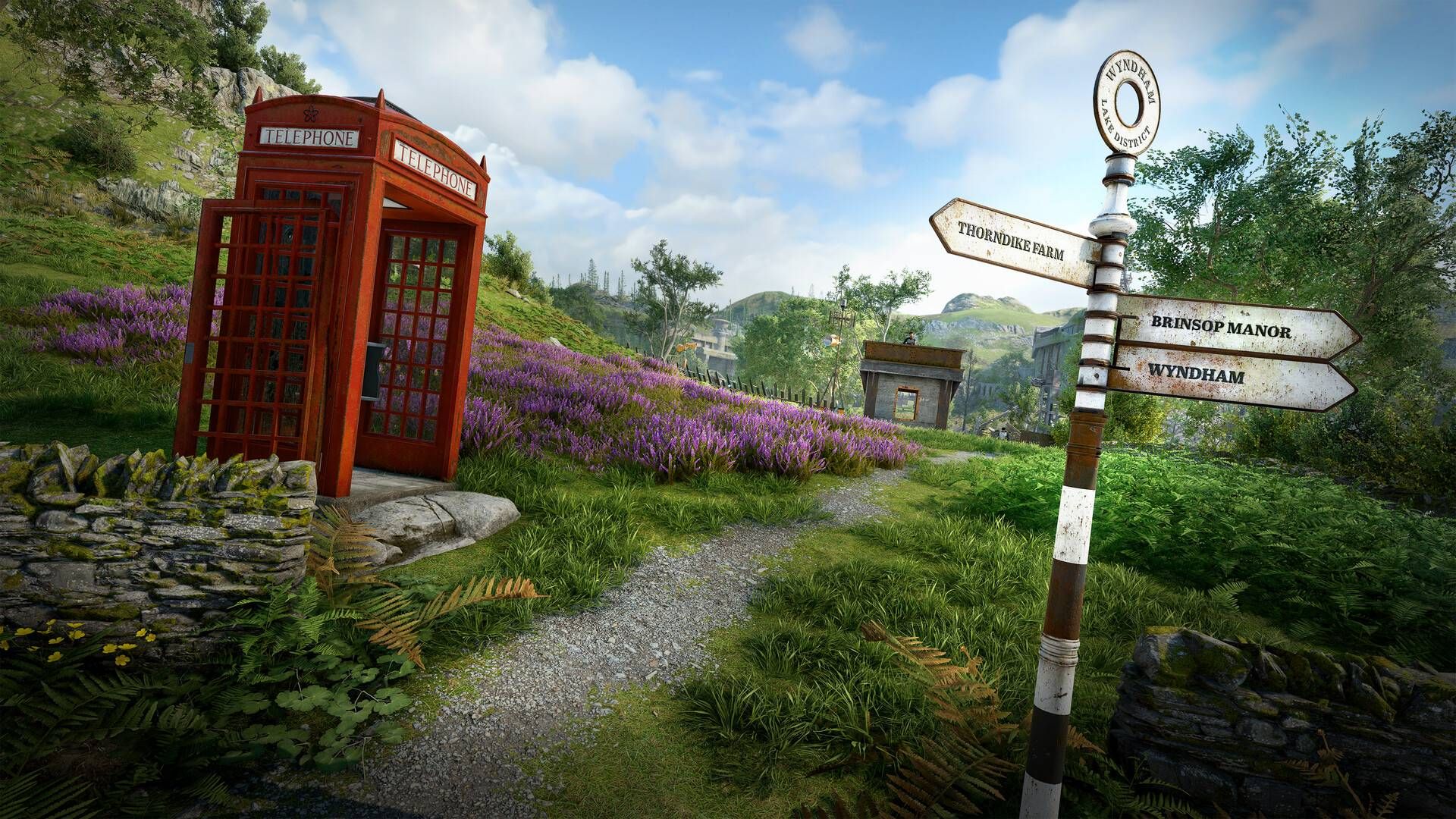 A red phone box and street sign in Atomfall.