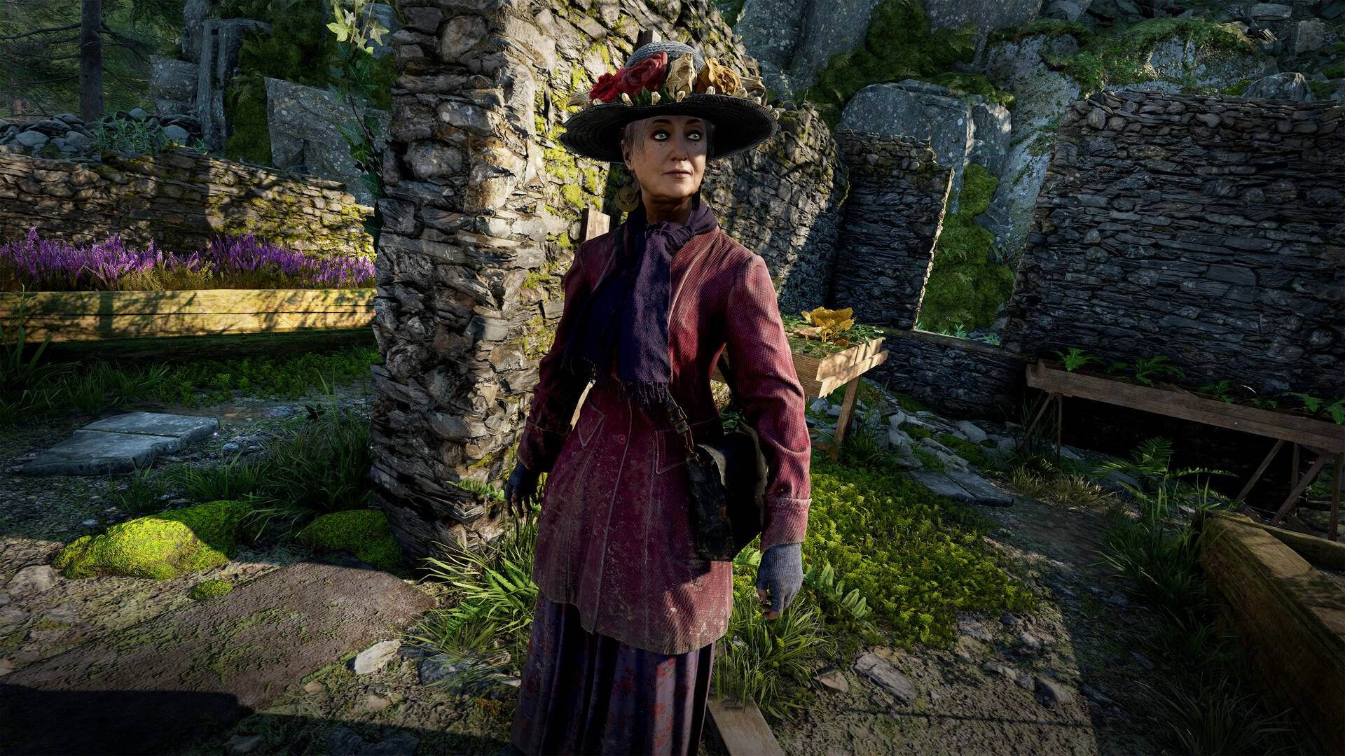 A woman wearing a purple coat in Atomfall.