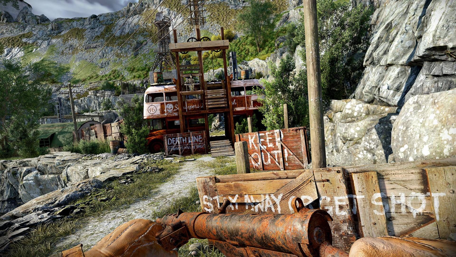 A rickety shack with keep out graffiti in Atomfall.