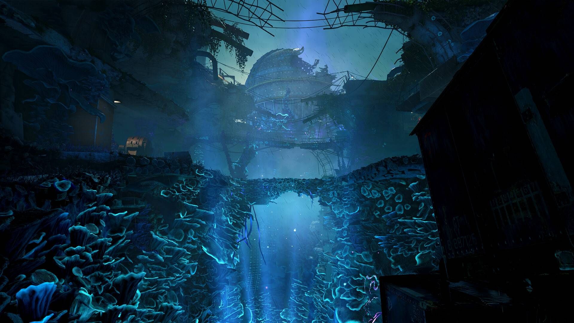A glowing blue cavern in Atomfall.