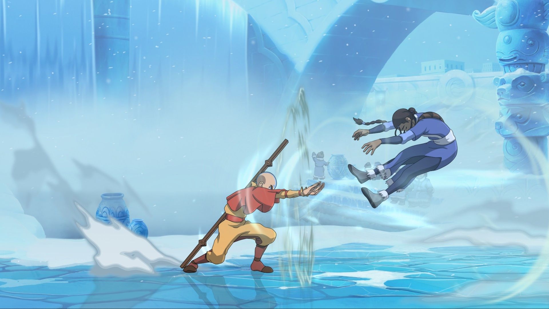 Aang airbends to push Katara back.