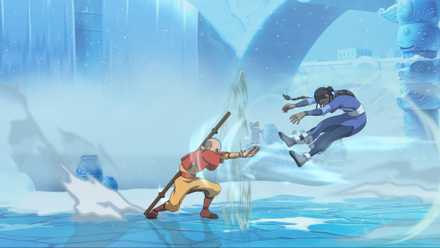 Aang airbends to push Katara back.