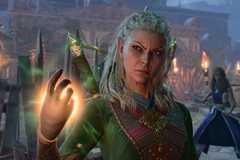 A half-elf spellcaster in Baldur’s Gate 3 looks off camera, preparing a glowing spell in their raised hand