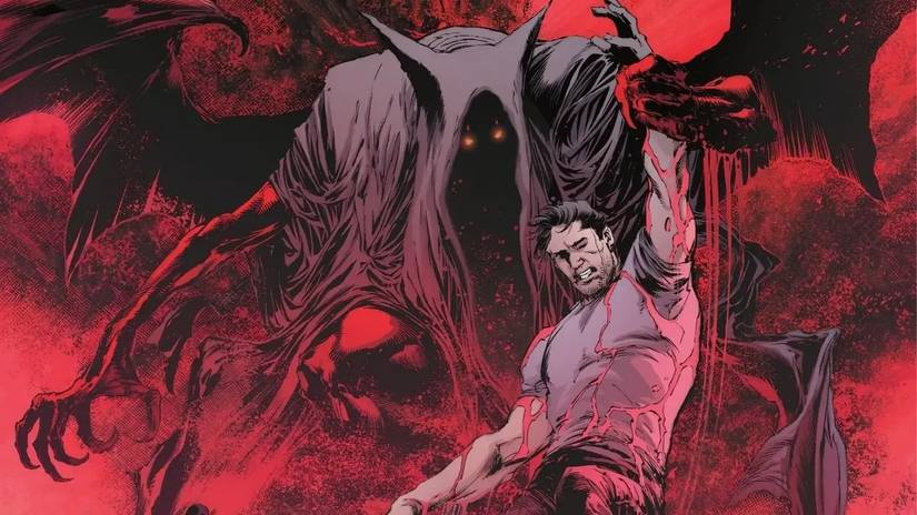 Barbatos dangles Bruce Wayne by his arm in an image from Gotham Nocturne