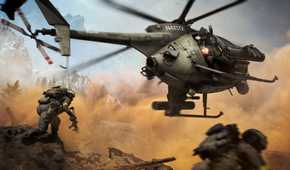 The Little Bird helicopter in Battlefield 6 flying above some enemy soldiers on a hill.