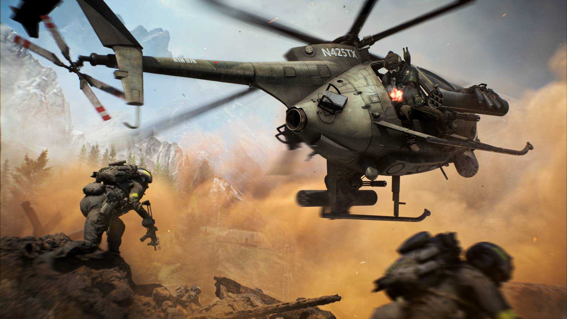 The Little Bird helicopter in Battlefield 6 flying above some enemy soldiers on a hill.