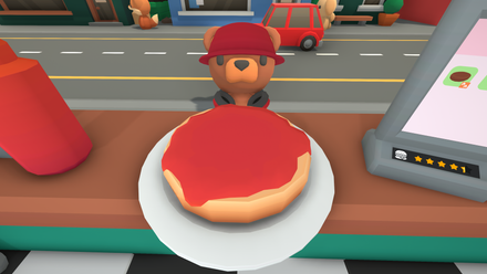 A bear character in Burgie's Cozy Kitchen.