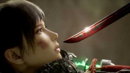Emma looks at a bloody sword in Beast of Reincarnation.