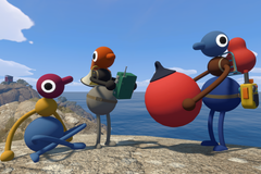 Three stick figures hold some equipment on a cliff