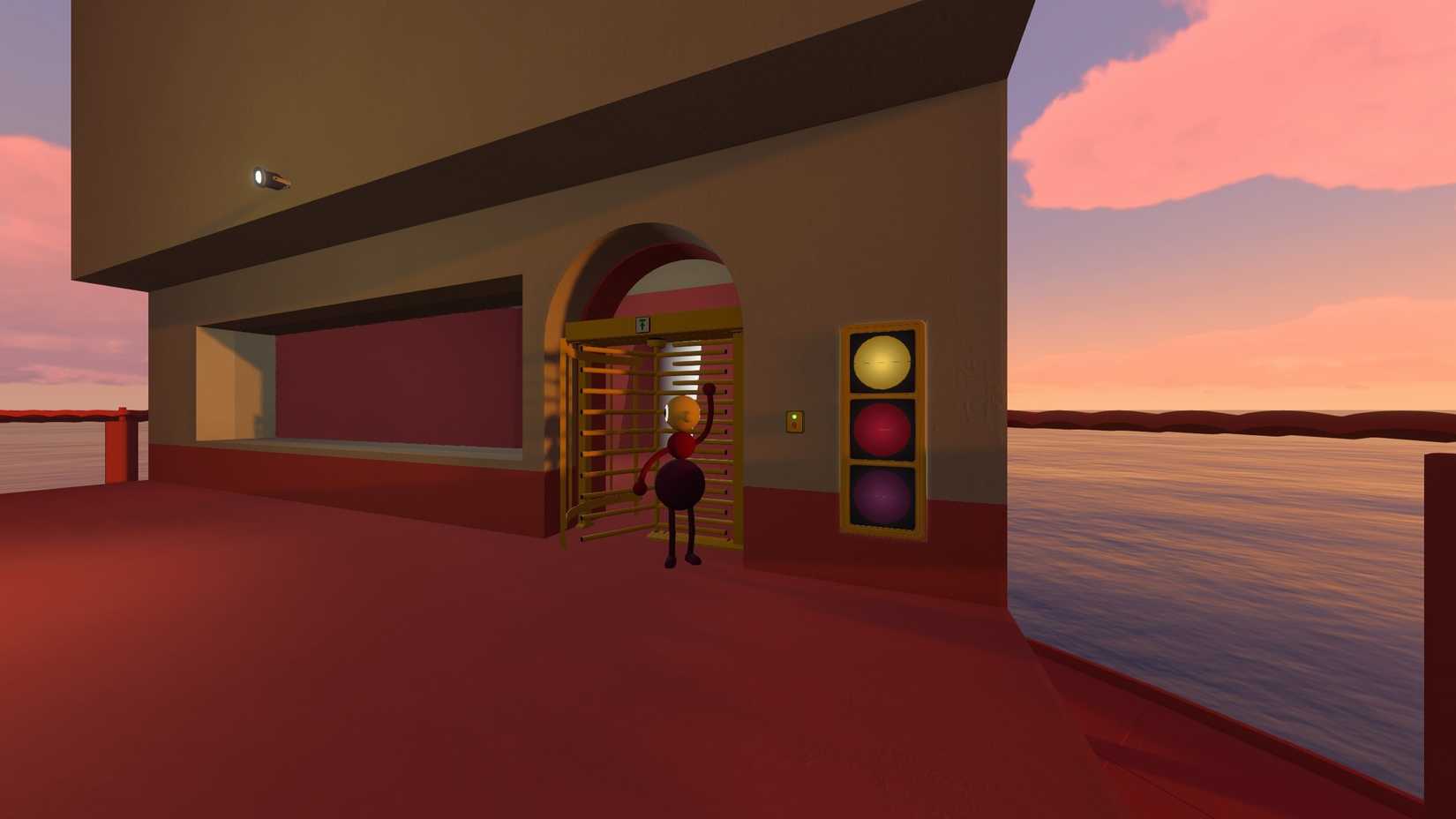 A character prepares to walk through a gate in Big Walk.