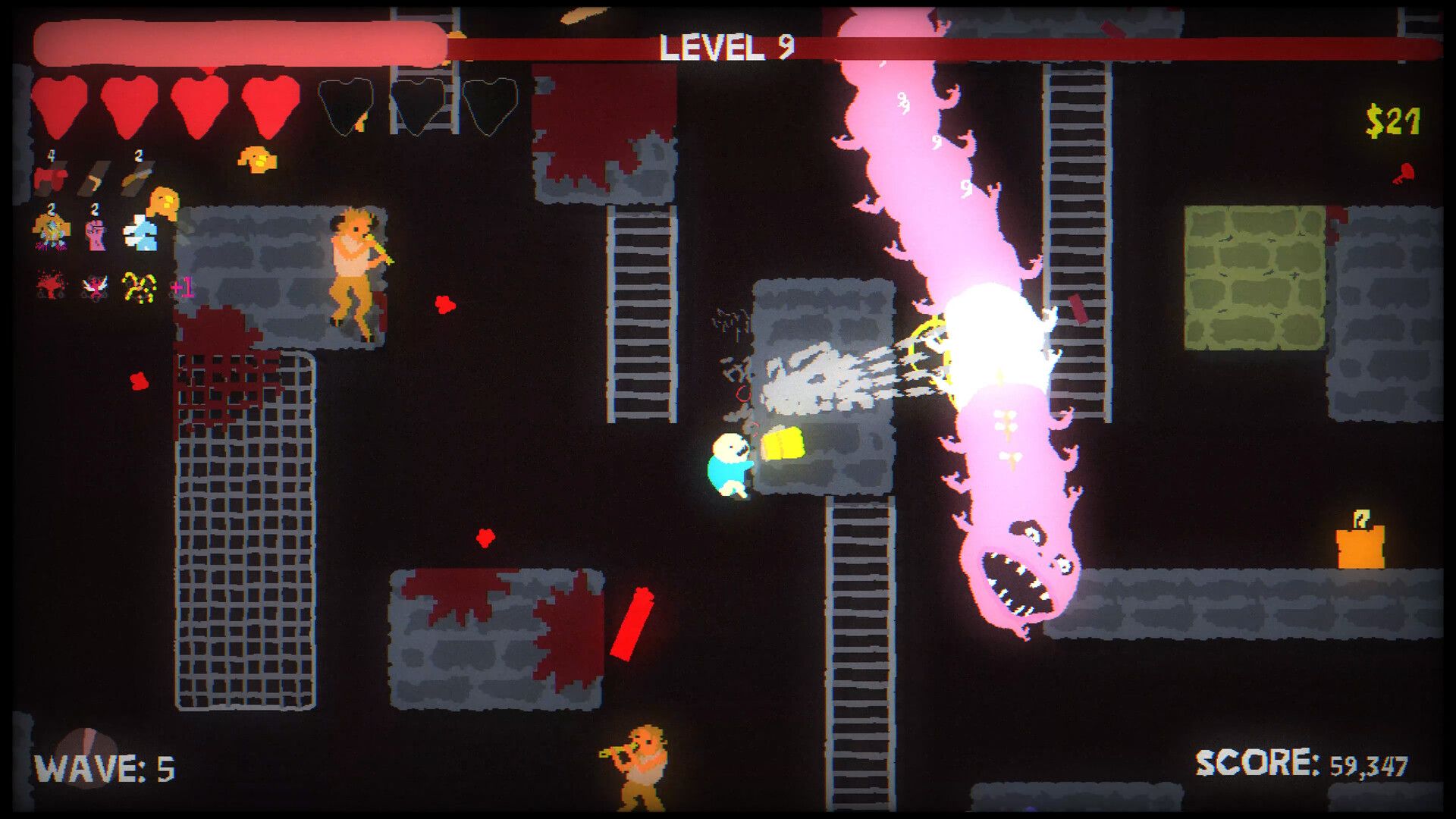 A baby shoots a worm in Blood Dungeon.