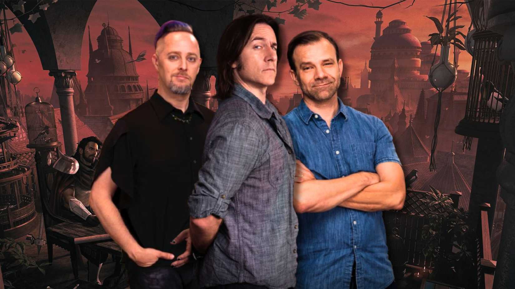Art from Critical Role. It shows Taliesin Jaffe, Matt Mercer and Liam O'Brien standing side by side.