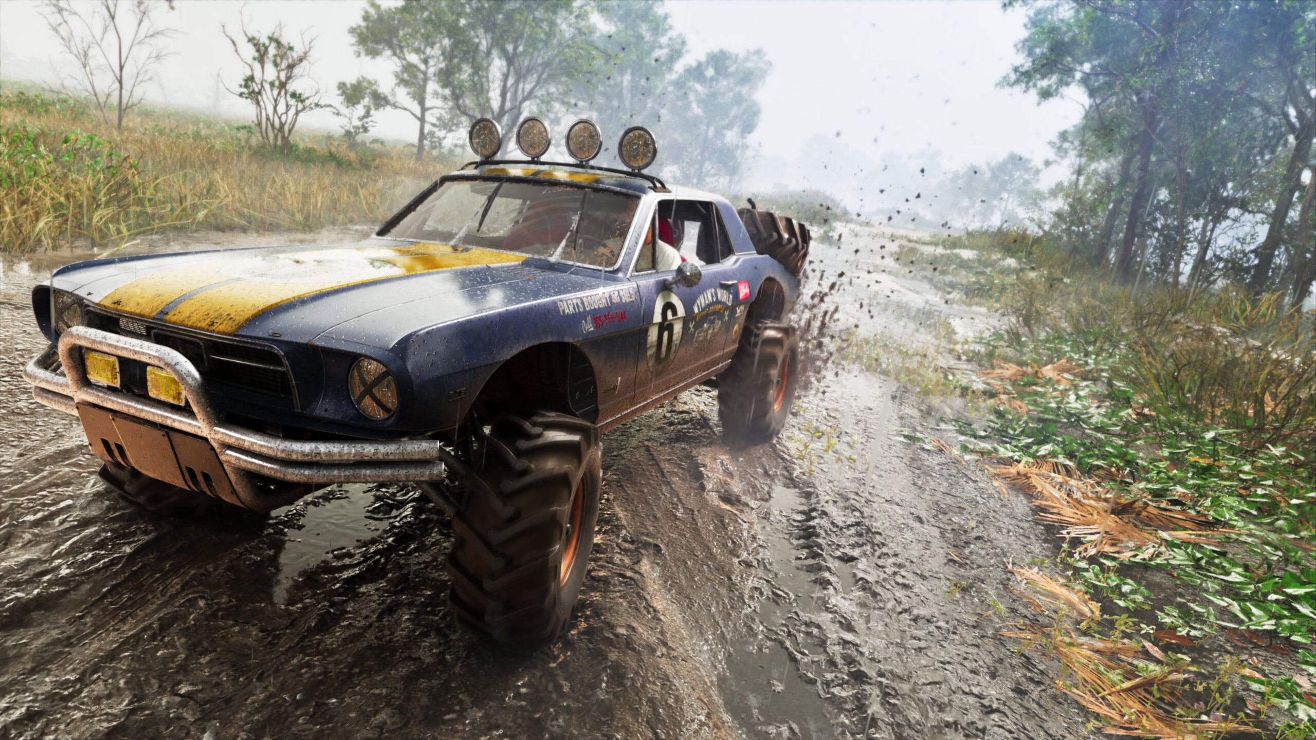 The '67 Vapid Dominator Buggy in GTA 6, as the vehicle is driven over a patch of mud. 