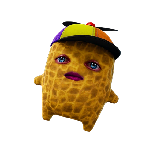 A Burnt Peanut Sprite, a creature with the skin of a peanut and a propeller hat, from Fortnite.