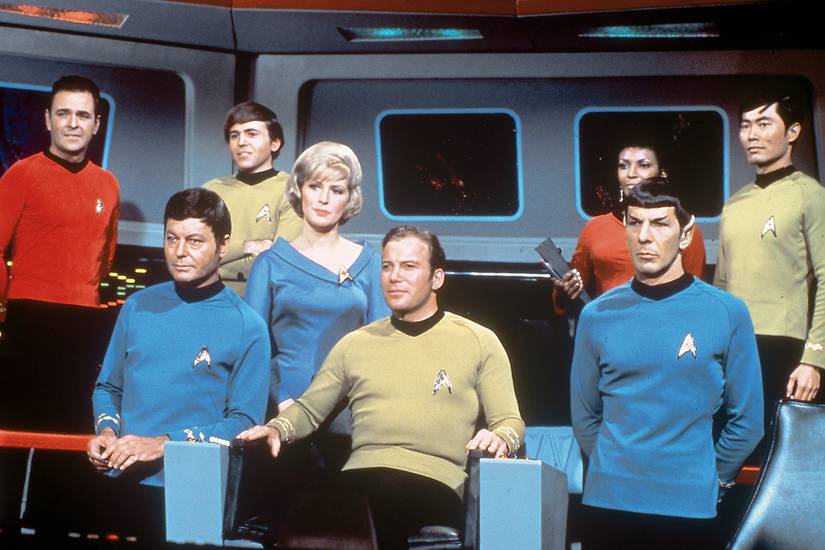 The bridge crew of the Enterprise in Star Trek: The Original Series.