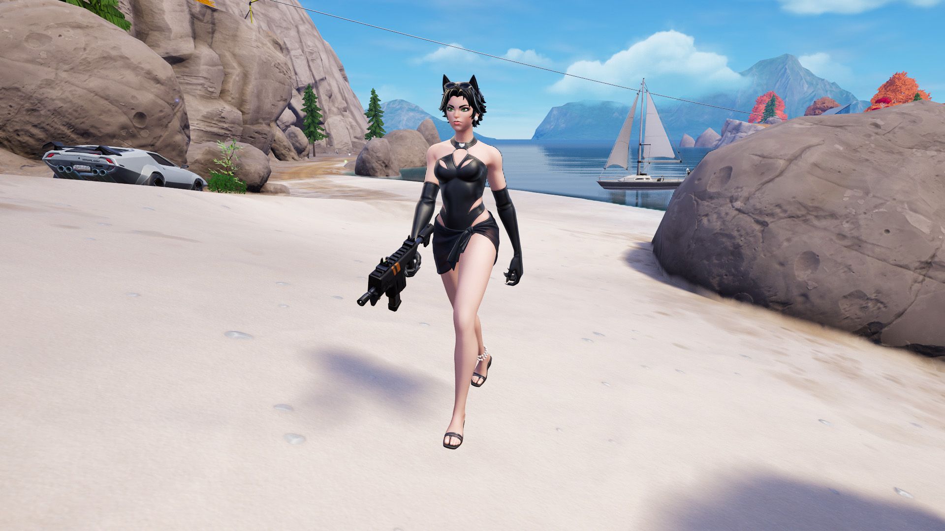 Catwoman, a woman in a bathing suit holding an SMG, on a beach in Fortnite.