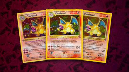 A collection of three different classic Charizard cards from the original Pokemon TCG game.