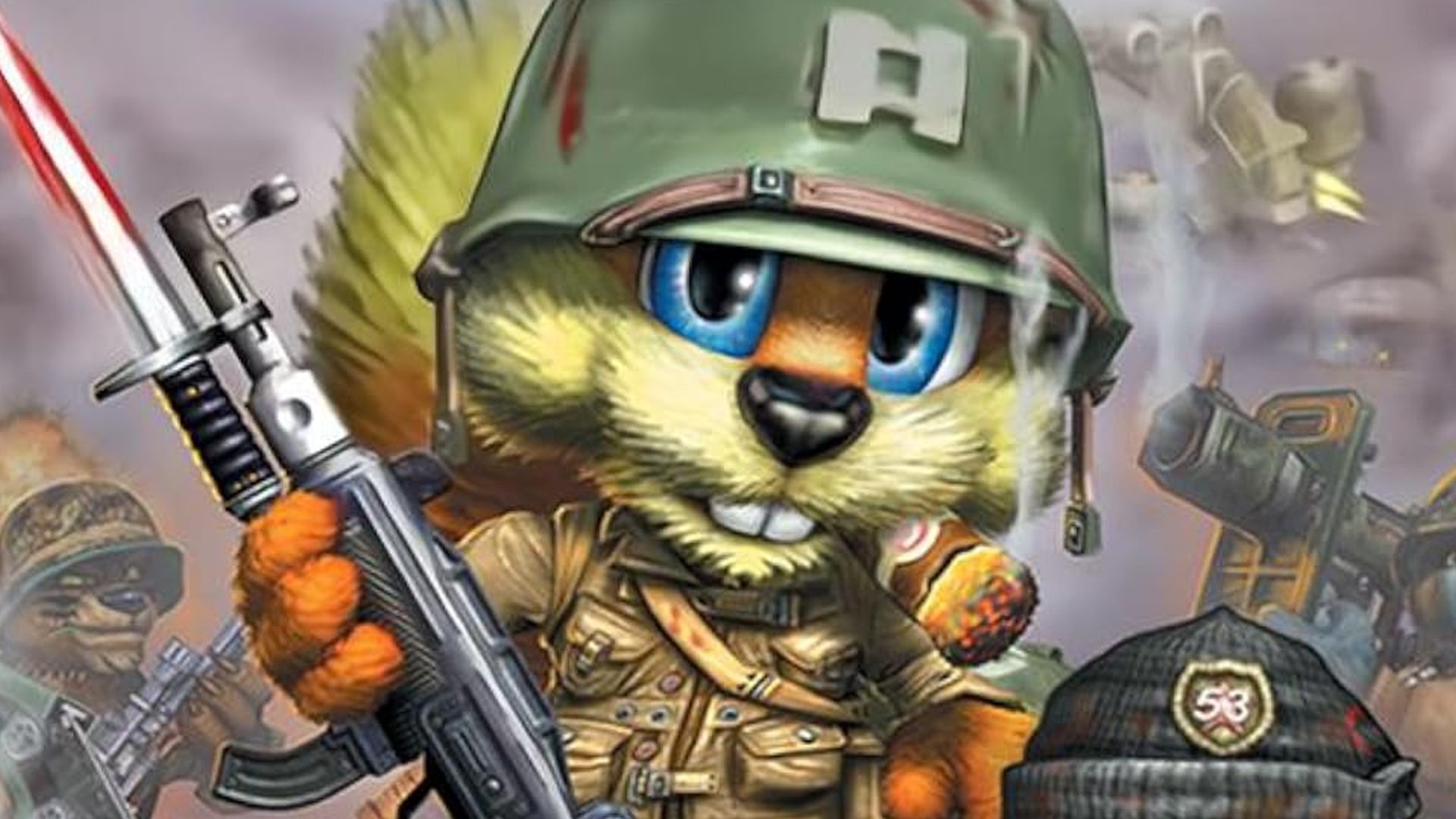 Artwork from Conker: Live and Reloaded cover art shows Conker in military fatigues, holding a rifle.