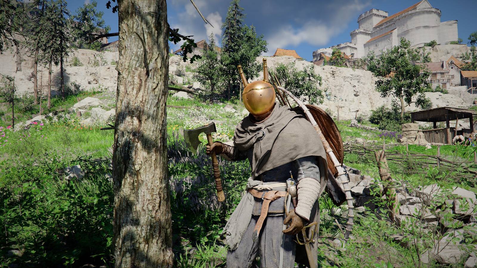 Kliff wearing a silly helmet and standing near a tree with a logging axe in Crimson Desert